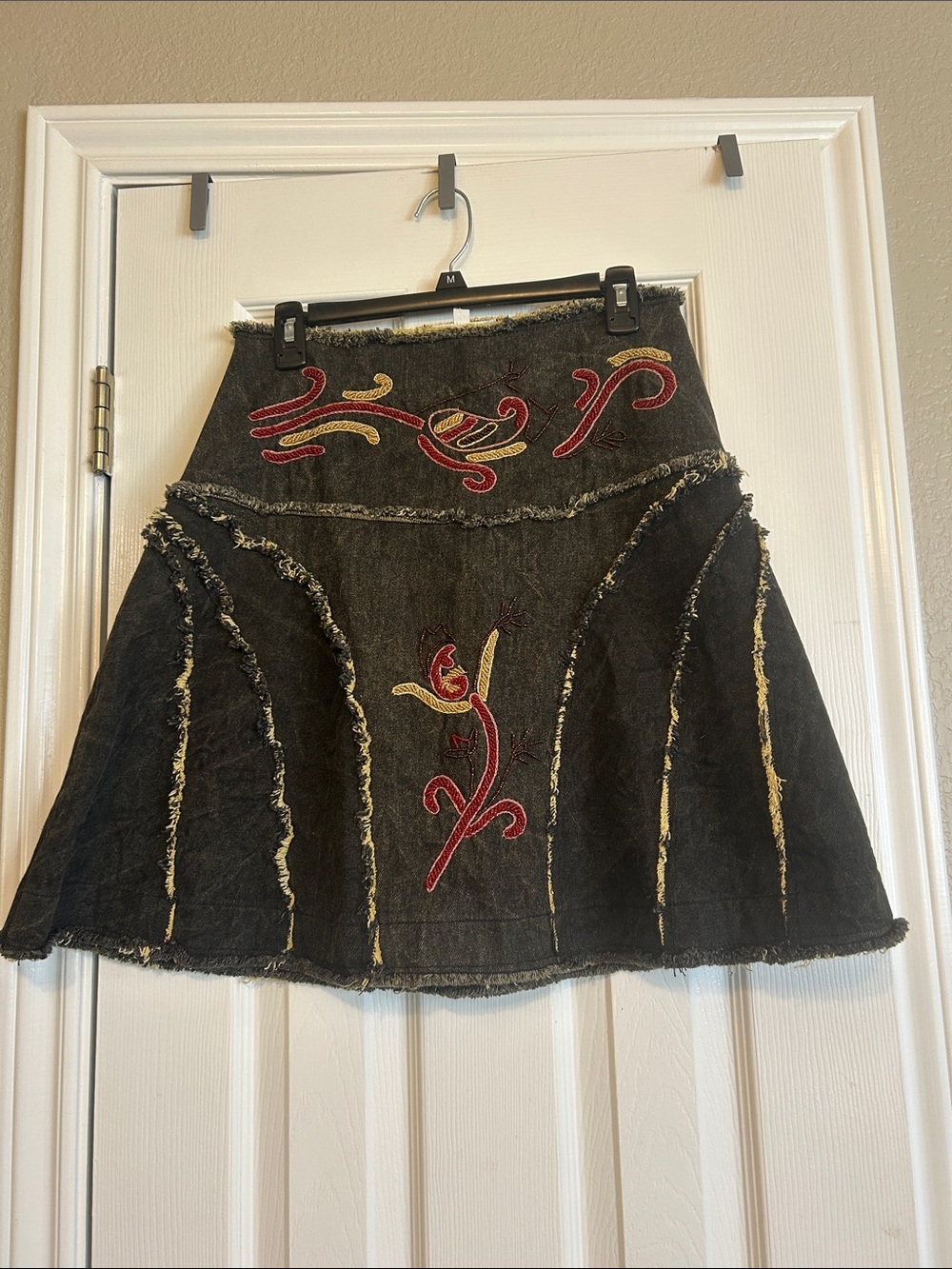 Black Beaded A-Line Denim Skirt
